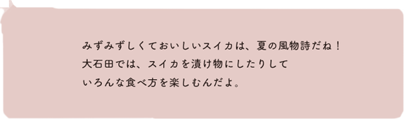 みずみずしくておいしいスイカは、夏の風物詩だね！大石田では、スイカを漬け物にしたりしていろんな食べ方を楽しむんだよ。