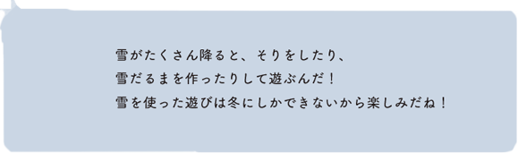 雪がたくさん降ると、そりをしたり、雪だるまを作ったりして遊ぶんだ！雪を使った遊びは冬にしかできないから楽しみだね！