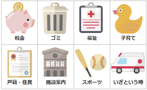 税金 ゴミ 福祉 子育て 戸籍・住民 施設案内 スポーツ いざという時 ボタンの画像